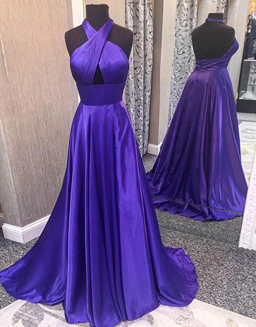 Satin Tie-halter Floor Length A-line Formal Dress Featuring Cutout Front And Open Back, Prom Dress,pd1411140
