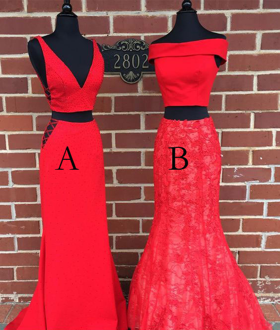 Off The Shoulder A/b Two Piece Red Prom Dresses,pd1411164