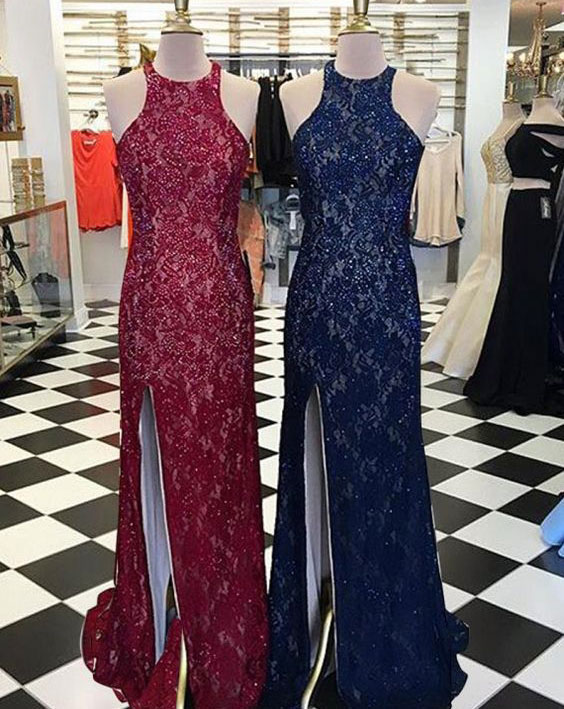 Burgundy/navy Mermaid Lace Split Side Prom Dresses Evening Dresses,pd1411168