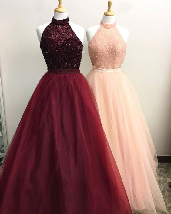 Elegant High Neck Burgundy/pink Long Prom Dresses With Beaded,pd1411177