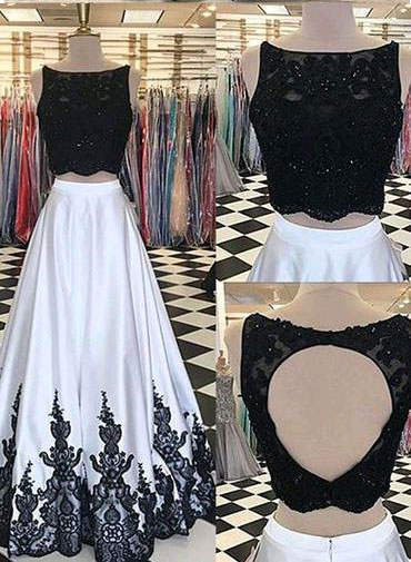 Sexy Two Piece Black Long Women's Prom Dresses With Appliques,pd1411184