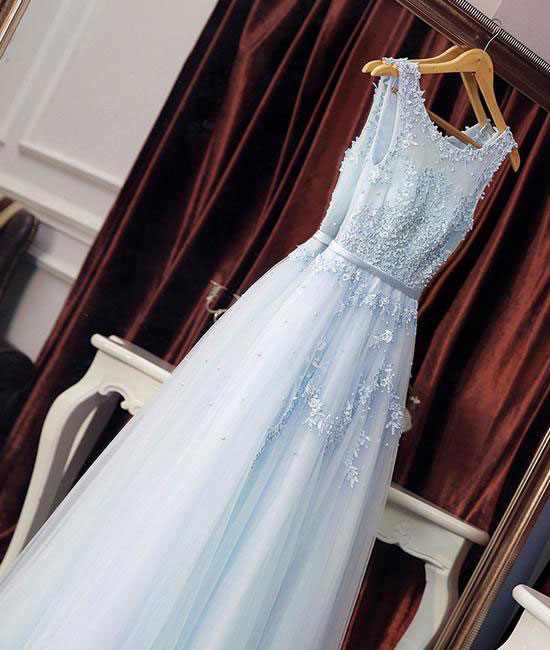 Elegant Light Sky Blue Tulle Long Prom Dresses With Appliques For Women,pd1411190