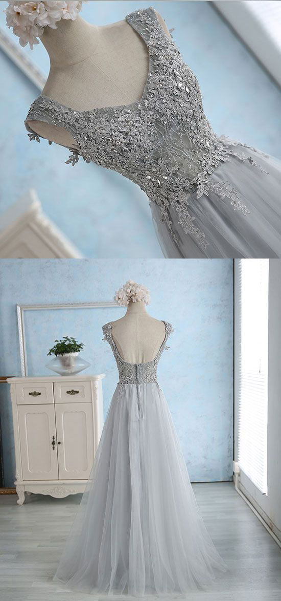 Gray Blue Long Prom Dresses With Appliques,pd1411203