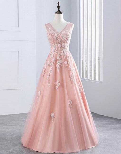 Pink V Neck Tulle Lace Long Prom Dress, Pink Evening Dress ,pd1411205
