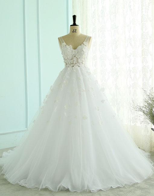 White V Neck Backless Long Prom Dress, White Evening Dress,pd180203