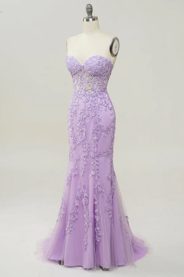 Purple Sweetheart Neck Mermaid Prom Dress With Appliques,pd180221