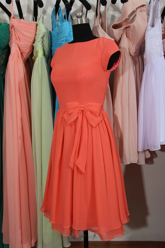 Coral Bridesmaid Dress, Cap Sleeves Bridesmaid Dress, Knee Length Bridesmaid Dress,short Bridesmaid Dress,bridesmaid Dress,bd2716