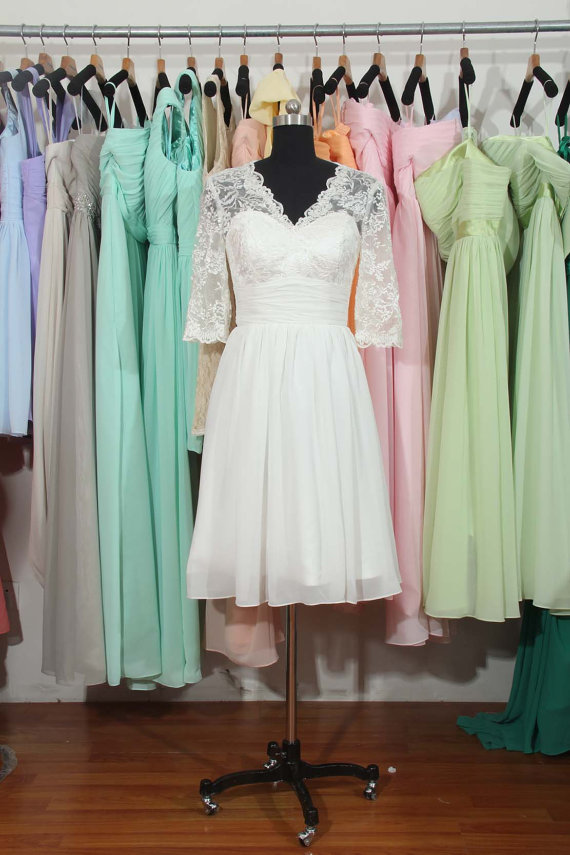 Long Sleeves Bridesmaid Dress, Lace Bridesmaid Dress, Short Wedding Dress, V-neck Chiffon Bridesmaid Dress, Wedding Bridal Dress, Bd2722