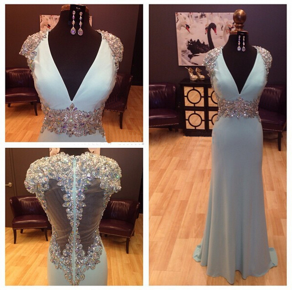 Cap Sleeve Prom Dress, Blue Prom Dress, V-neck Prom Dress, Evening Dress, Handmade Prom Dress, Beautiful Prom Dress, Bd216