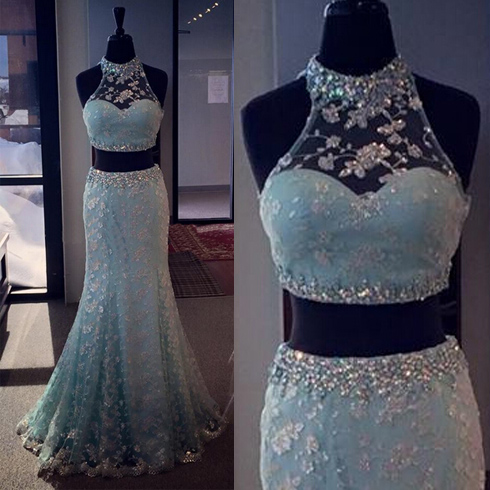Blue prom dress, beautiful prom dress, two piece prom dress, lace prom dress, sleeveless prom dress, elegant prom dress, BD221