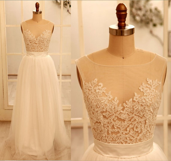 Custom Made Prom Dress, A Line Round Necklace Lace Wedding Dresses, Deep V Neck Back Dress, Ivory Dresses For Wedding, Bd3010