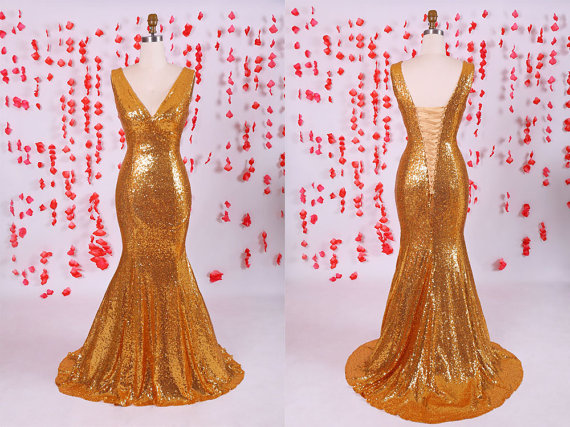 Shiny Gold Sequins Prom Dress, Mermaid Prom Dress,v-neck Prom Dresses ,sexy Prom Dress,long Prom Dress,evening Party Dresses,special Occasion