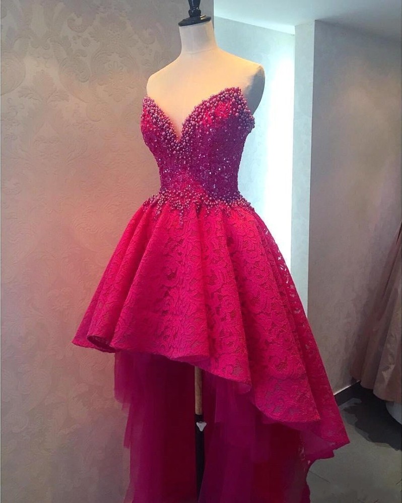 Sexy High Low Long Prom Dresses, Beaded Lace Prom Dresses, Sweetheart Prom Dresses, Fuchsia Backless Women Formal Party Dresses, Custom Made Prom