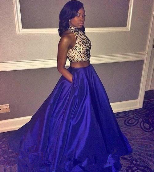 2016 Prom Dress, 2 Piece Prom Gown, Royal Blue Prom Dresses ,two Piece Prom Dresses ,satin Prom Dresses, Style Prom Gown, Beaded Prom Dress With