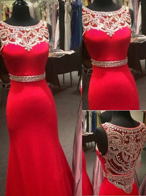 Modest Prom Dresses , Design Red Satin Prom Dress, Slim Prom Dress, Beaded Prom Dress, Long Prom Dress, Prom Dress 2016, Prom Dresses