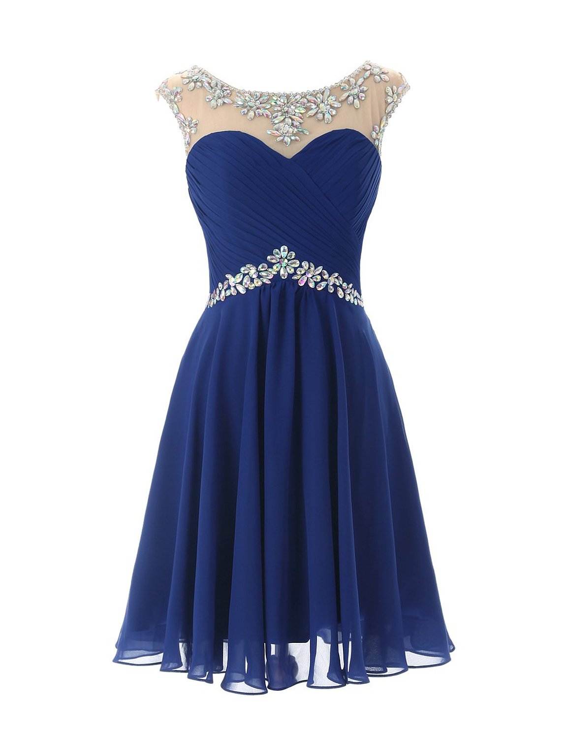 Short Blue Chiffon A-line Homecoming Dress With Crystal Embellished Cap Sleeve Sweetheart Illusion Cutout Back Bodice