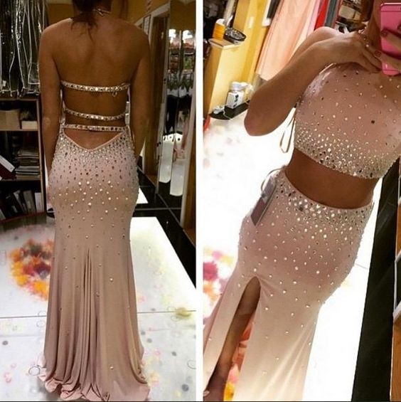 Sexy Long Black 2 Piece Prom Dresses, Crystals Beaded Prom Dresses , Floor Length Party Dresses, High Slit Open Back Mermaid Prom Dress,