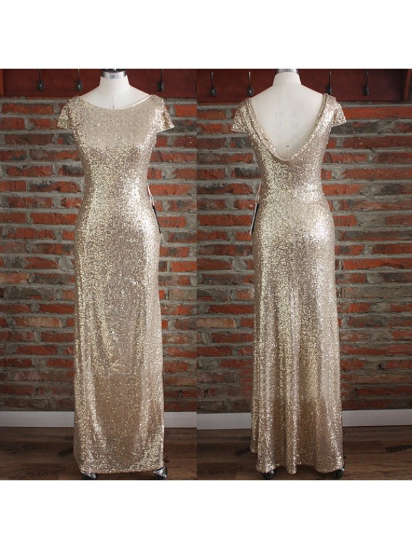Light Gold Sequin Bridesmaid Dress, Long Bridesmaid Dress, Cap Sleeves Bridesmaid Dress, Sparkle Bridesmaid Dress, 2016 Discount Bridesmaid