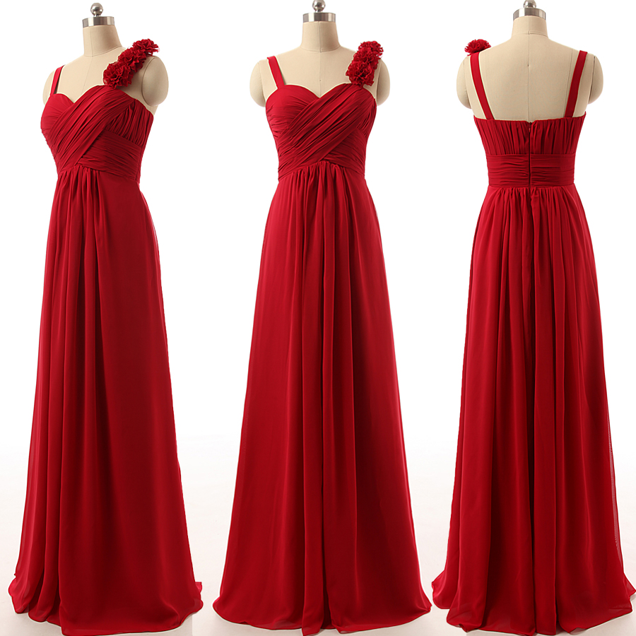 Custom Made Red Chiffon Long A-line Bridesmaid Dress With Floral Applique