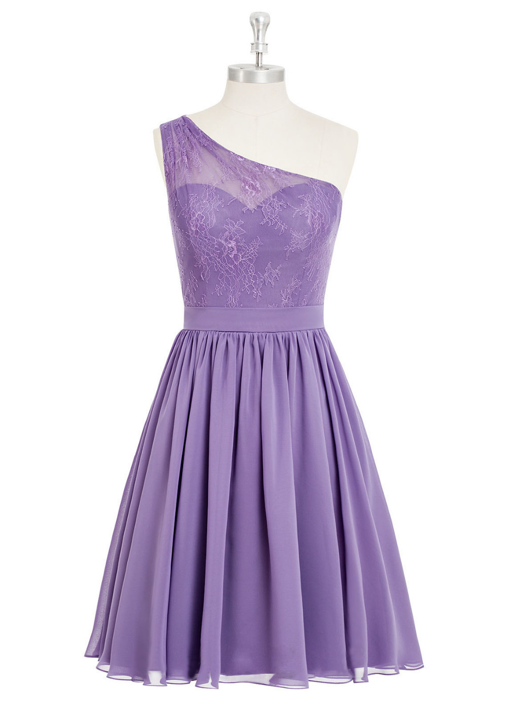 Custom Made Lavender One-shoulder Neck Lace Knee Length Chiffon Bridesmaid Dress