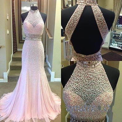Gorgeous Long Prom Dress,high Quality Prom Dress,prom Dress 2017,pink Mermaid Prom Gowns,high Neck Halter Pearl Beaded Evening Dress,formal
