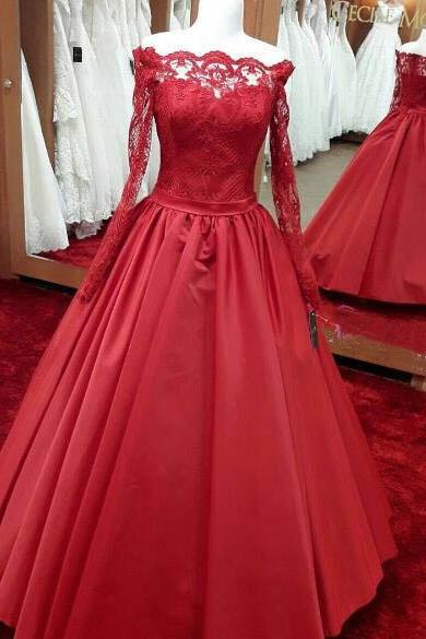 Floor-length Off Shoulder Burgundy A-line Lace Long Sleeves Prom Gown, Pd1498