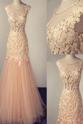 Blush Pink Tulle Mermaid Lace Appliques 2017 Evening Gown Long Scoop Prom Dress, Pd1466
