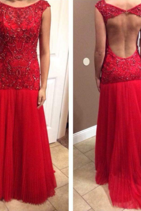 beaded mermaid tulle red open back long 2017 prom dress, PD4521