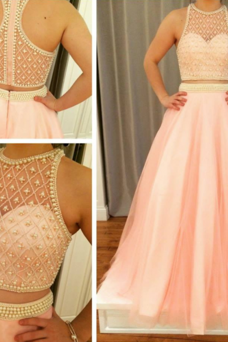 Charming Pink Tulle Two Pieces A-line Beaded Long 2017 Prom Dress, Pd4525