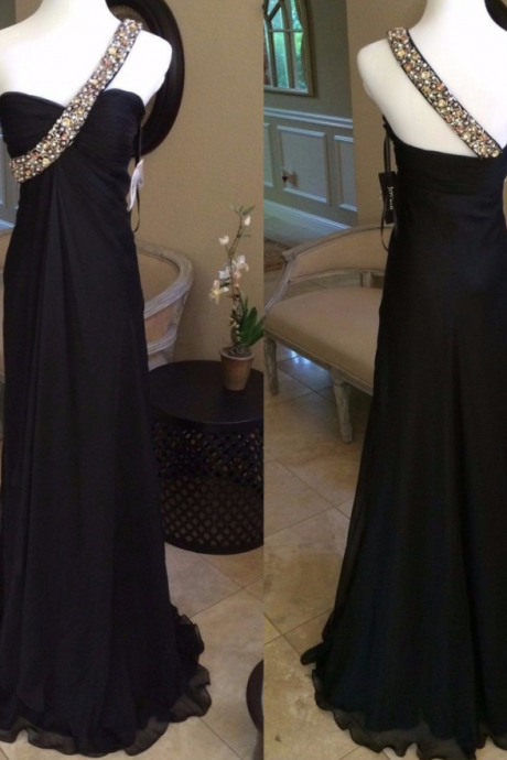 Formal Chiffon Black Beaded One Shoulder Long Prom Dress, Pd4637