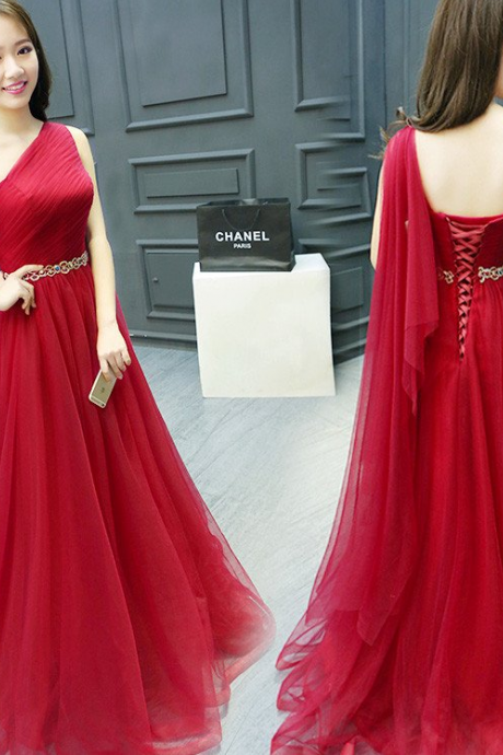 One Shoulder Tulle Charming Burgundy Long Prom Dress, Pd4660