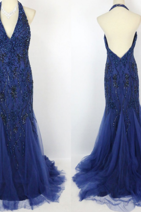 2017 Navy Blue Mermaid Full Beaded Halter Backless Long Prom Dress, Pd4661
