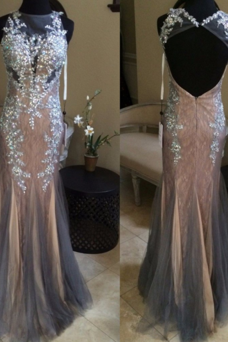 Formal Charming Beaded Chocolate Tulle Mermaid Scoop Long Prom Dress, Pd4676
