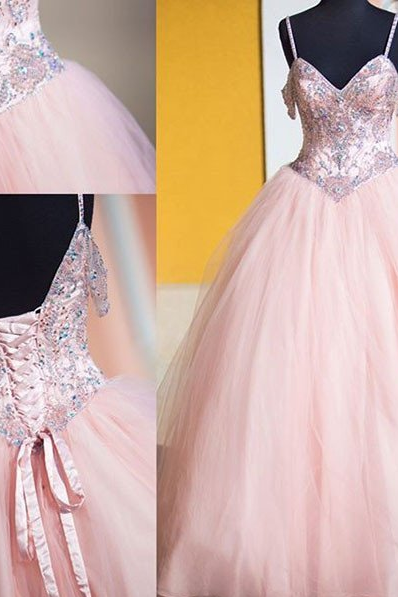Beaded Pink Tulle A-line Charming Long Evening Gown Affordable Graduation Prom Dress, Pd4665