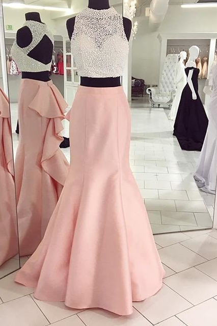 High Neck Two Pieces Long Mermaid Pink Prom Dress With Pearls, Pd4670