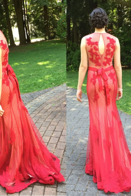 Scoop Red Tulle Mermaid Charming Long Lace Prom Dress, Pd4675