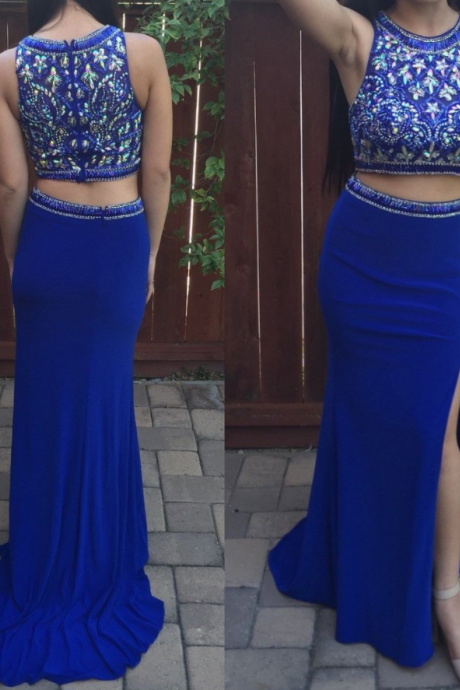 Side Slit Mermaid Two Pieces Beaded Long Royal Blue Prom Dress, Pd4680