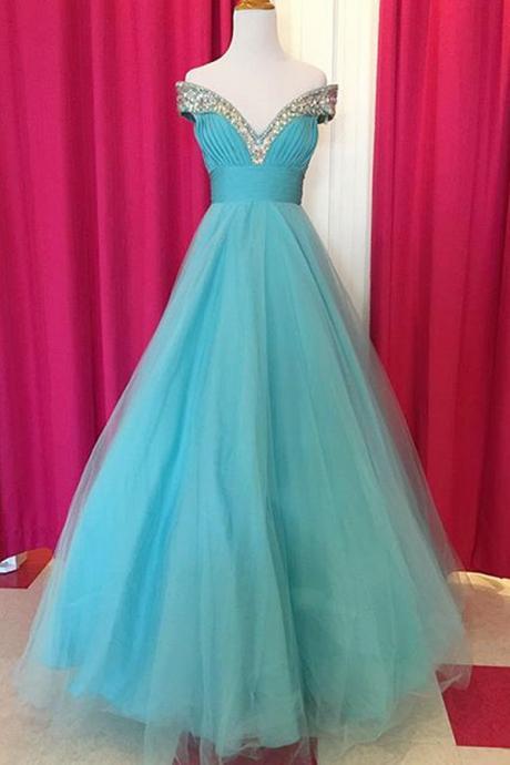 Off Shoulder Blue Tulle A-line Long Prom Dress, Pd5106
