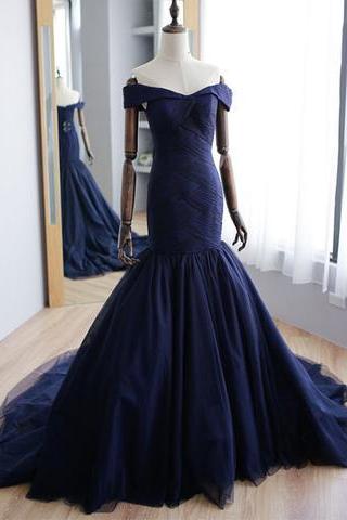 Formal Mermaid Off Shoulder Tulle Long Navy Blue Prom Dress, Pd5109