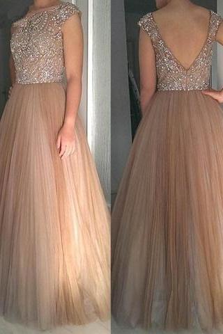 Charming Tulle Beaded Cap Sleeves A-line Long Prom Dress, Pd5112