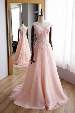 Cap Sleeves Pink V-neck Beautiful Charming Long Prom Dress, Pd5115
