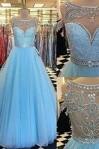 A-line Blue Tulle Beaded Charming Stylish 2017 Long Prom Dress, Pd5130