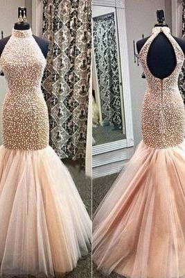 Champagne Tulle Beaded Mermaid Charming Stylish 2017 Long Prom Dress, Pd5133