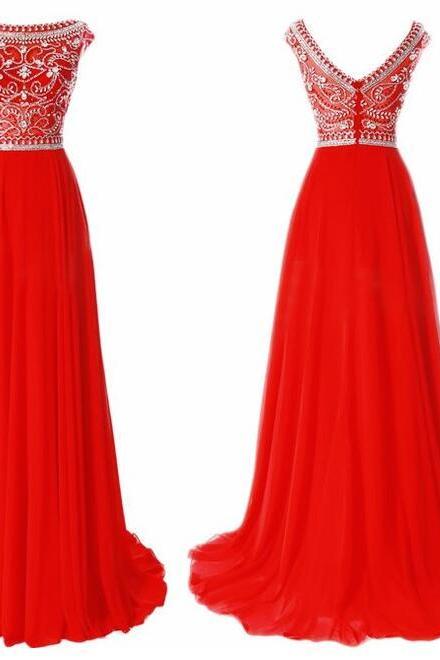 Red Chiffon Beaded 2017 Long Prom Dress, Pd5139