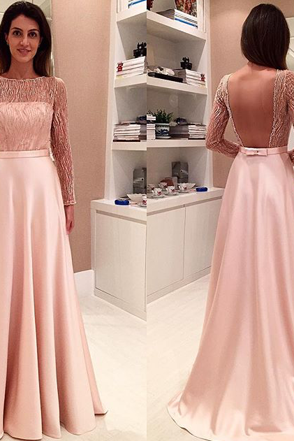 Blush Pink Backless Long Sleeves Elegant 2017 Long Prom Dress, Pd5148