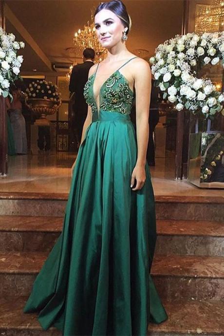 Spaghetti Straps Green Formal Beaded Long Prom Dress, Pd5151