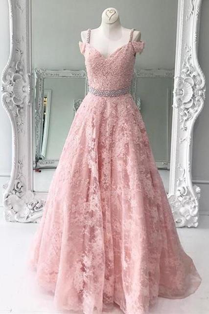 A-line Pink Lace Off Shoulder Formal Long Prom Dress, Pd5910