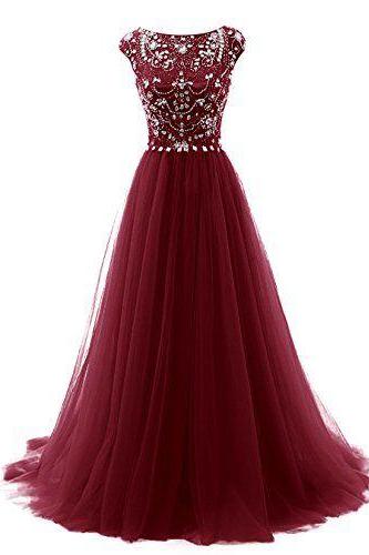A-line Tulle Beaded Burgundy Long Prom Dress, Pd5923