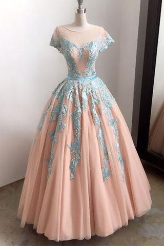 Long Tulle A-line Lace Appliques Cap Sleeves Prom Dress, Pd6929