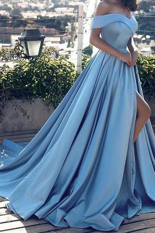 Off Shoulder Long Blue A-line Simple Prom Dress, Pd6951